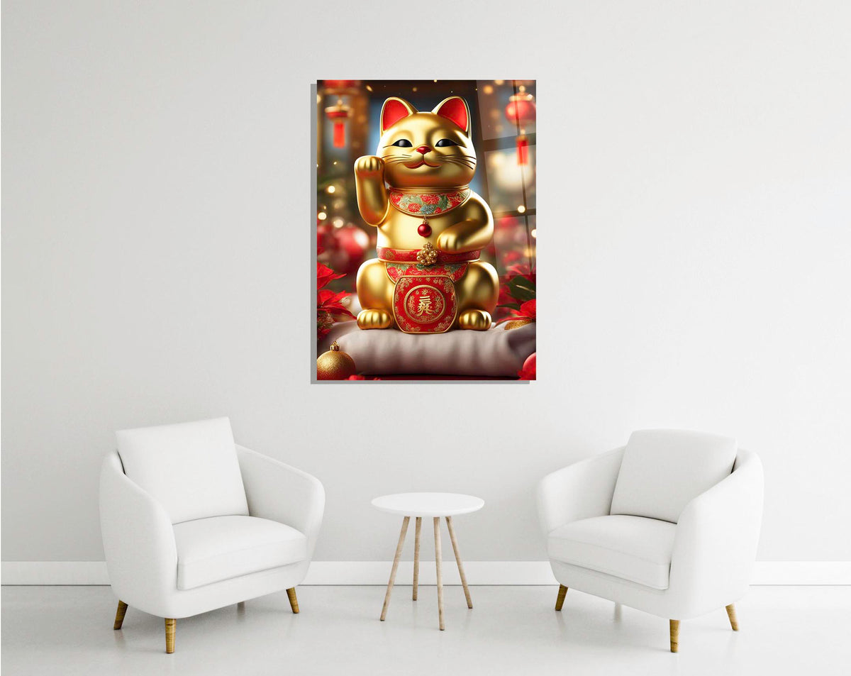 Golden Lucky Cat Maneki-Neko Glass Wall Art in a modern interior