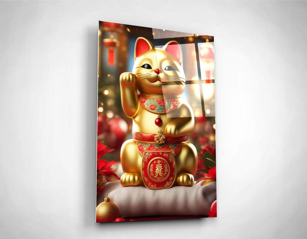 Golden Lucky Cat Maneki-Neko Glass Wall Art on the wall