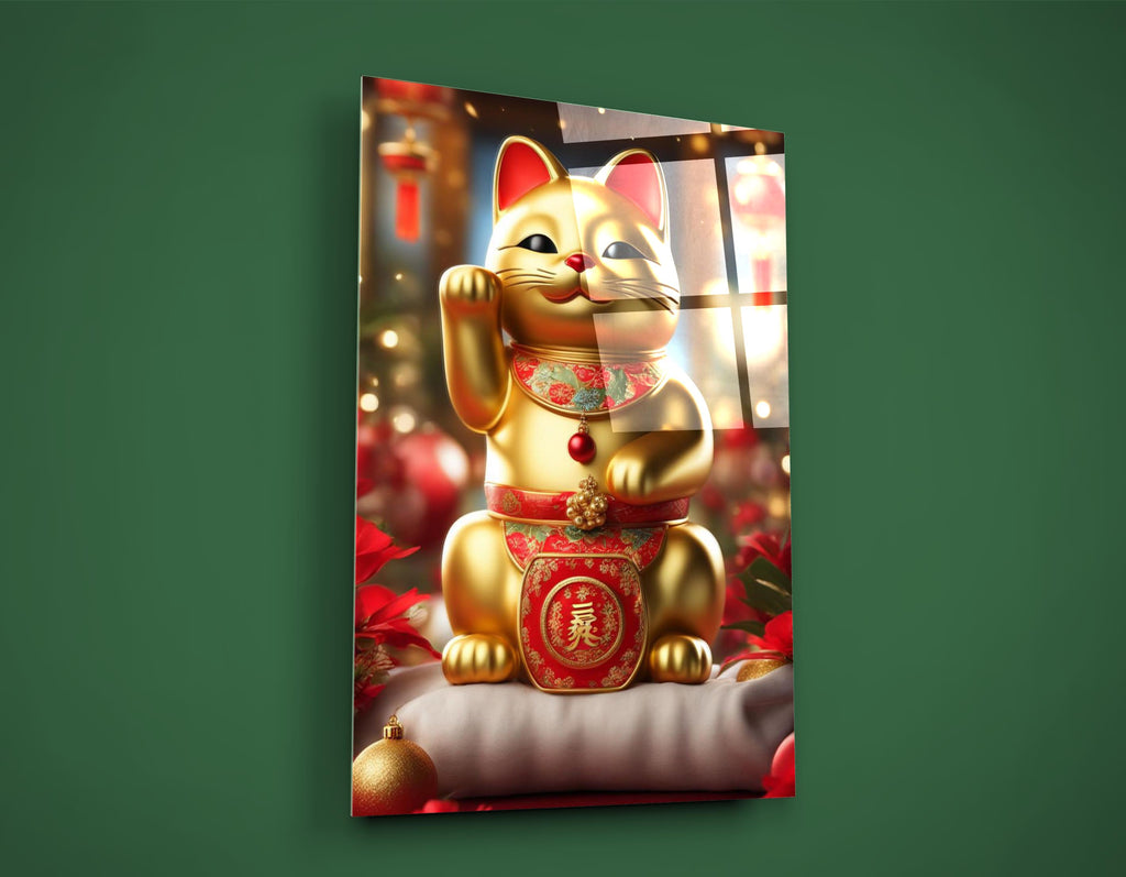 Golden Lucky Cat Maneki-Neko Glass Wall Art close-up