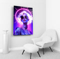 Neon Halo Retro Glam Woman Glass Wall Art in a living room interior