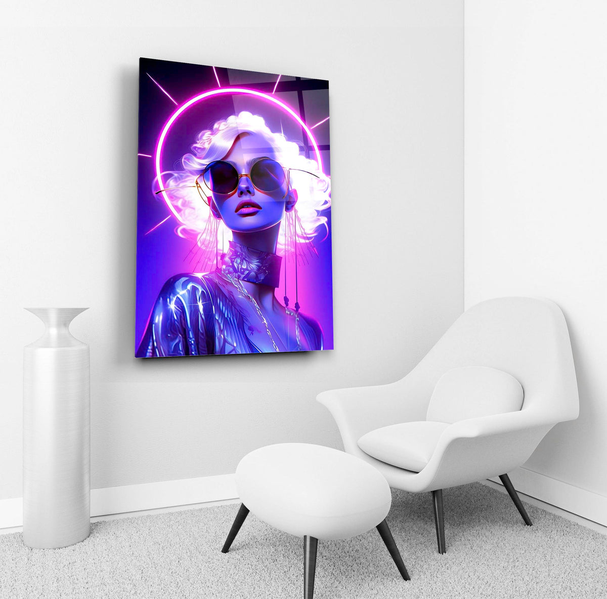 Neon Halo Retro Glam Woman Glass Wall Art in a living room interior