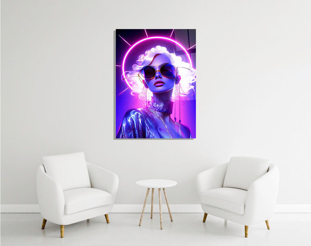 Neon Halo Retro Glam Woman Glass Wall Art in a modern interior