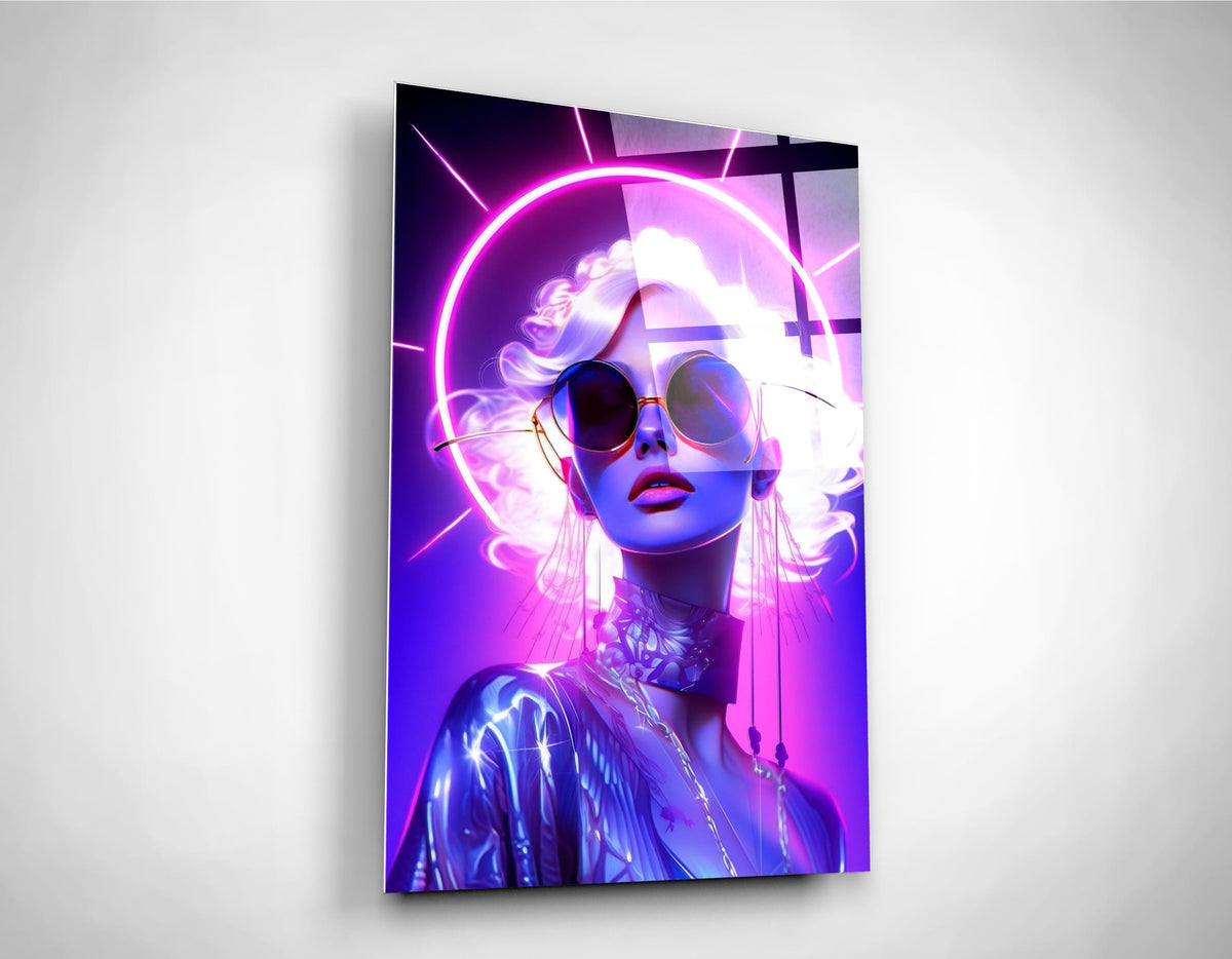 Neon Halo Retro Glam Woman Glass Wall Art on the wall