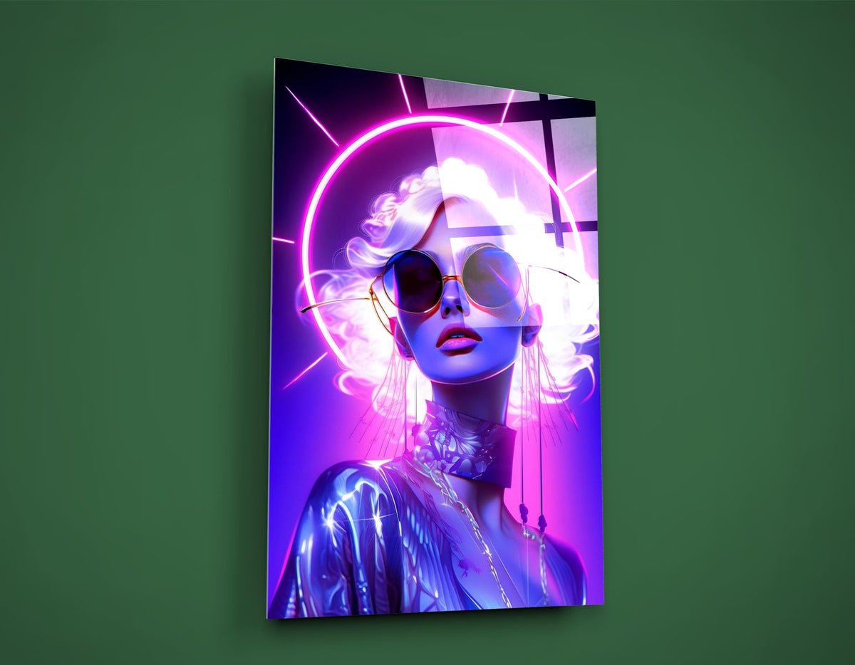 Neon Halo Retro Glam Woman Glass Wall Art close-up