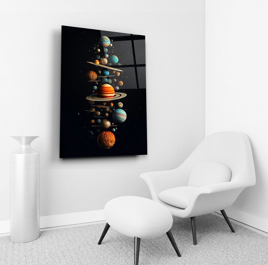 Planets of the Solar System Glass Wall Art in a living room interior