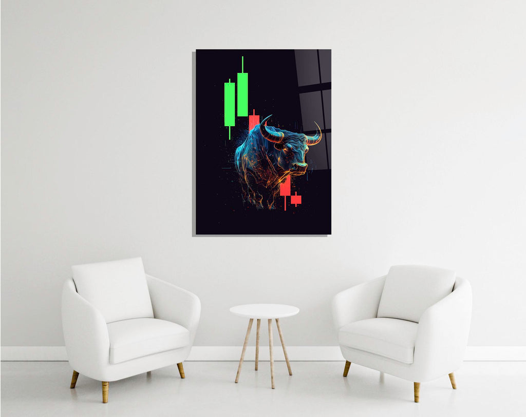 Neon Bull Market Candlestick Glass Wall Art in a modern interior