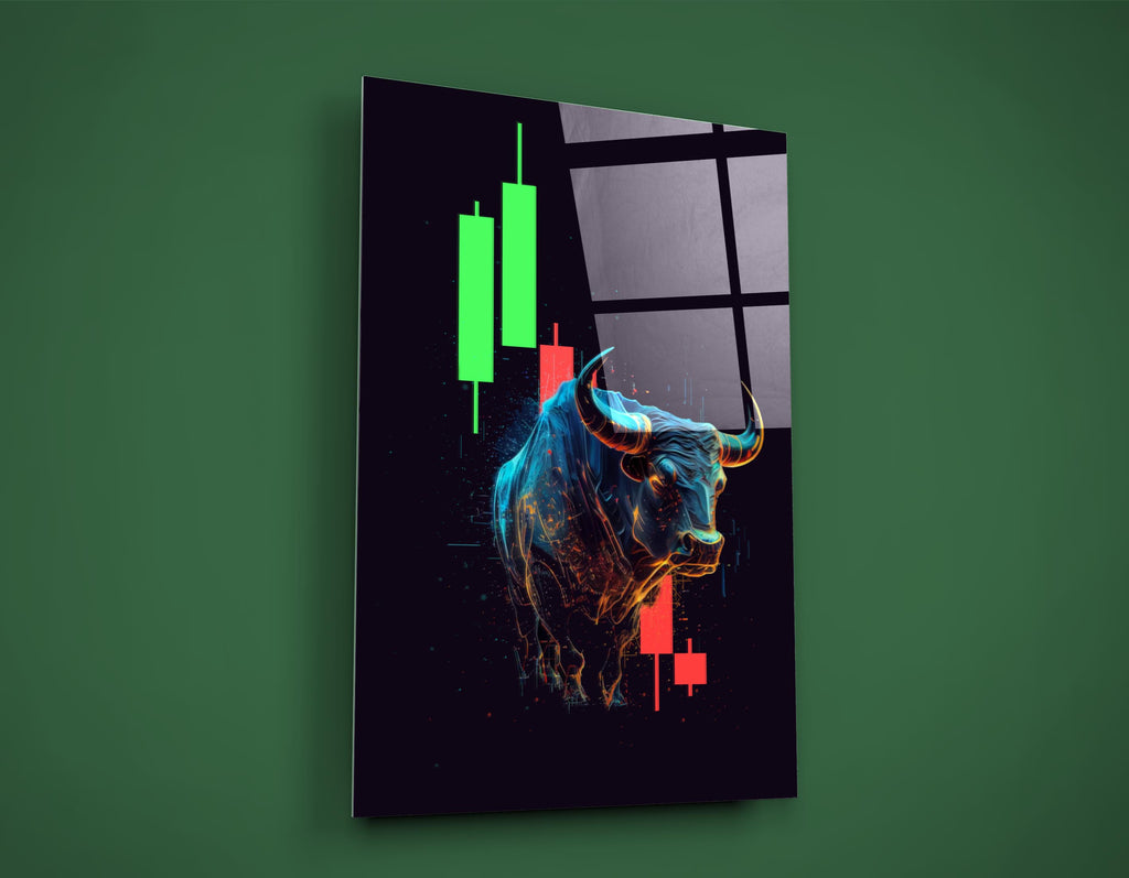 Neon Bull Market Candlestick Glass Wall Art on the wall