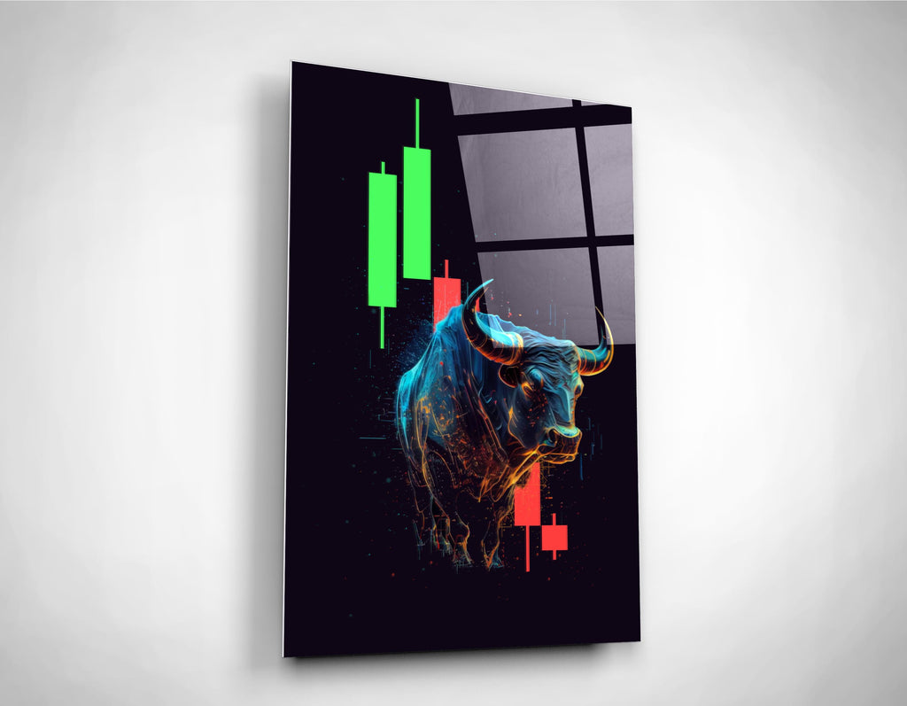 Neon Bull Market Candlestick Glass Wall Art close-up