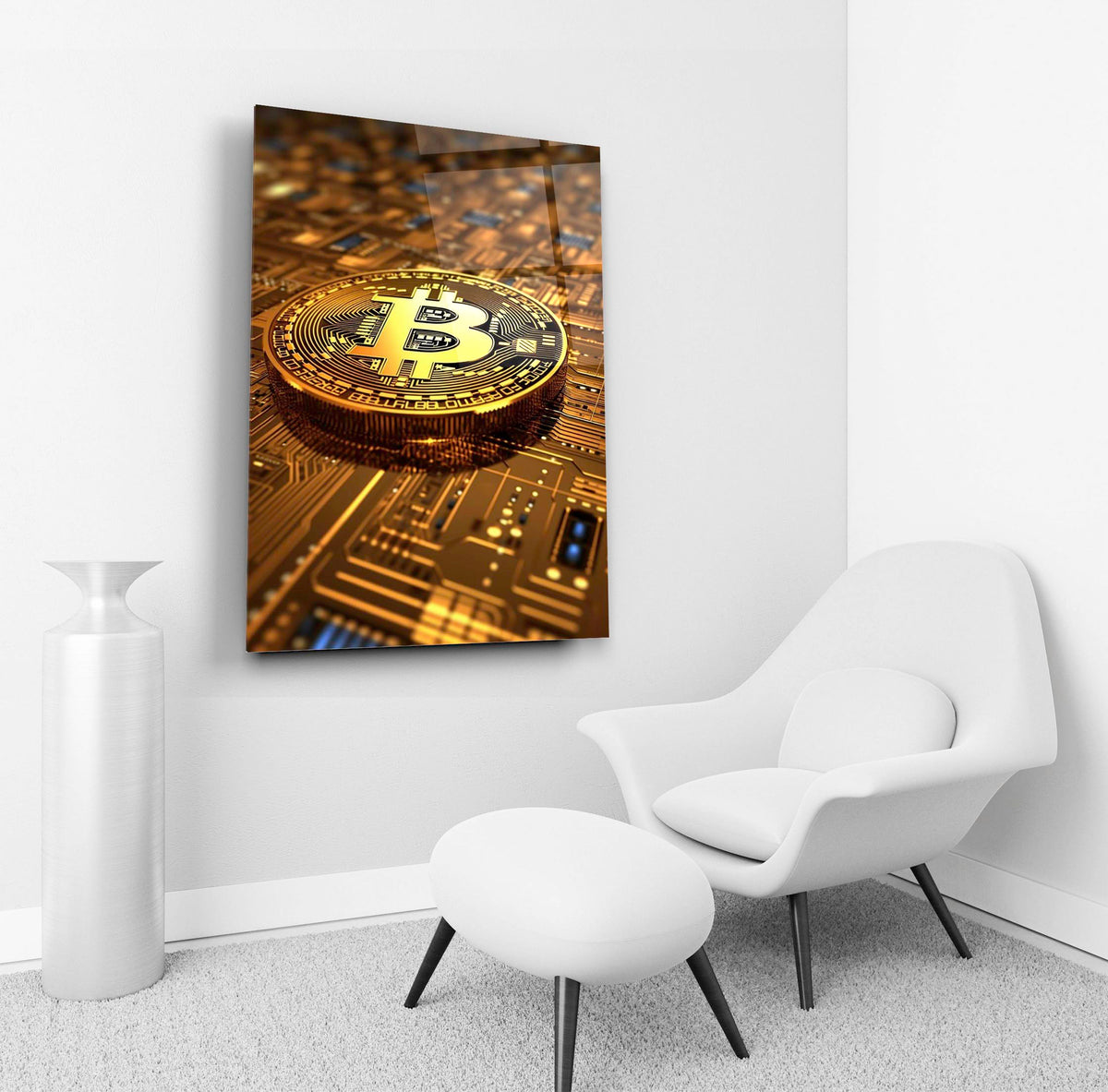 Golden Bitcoin Circuit Board Glass Wall Art in a living room interior