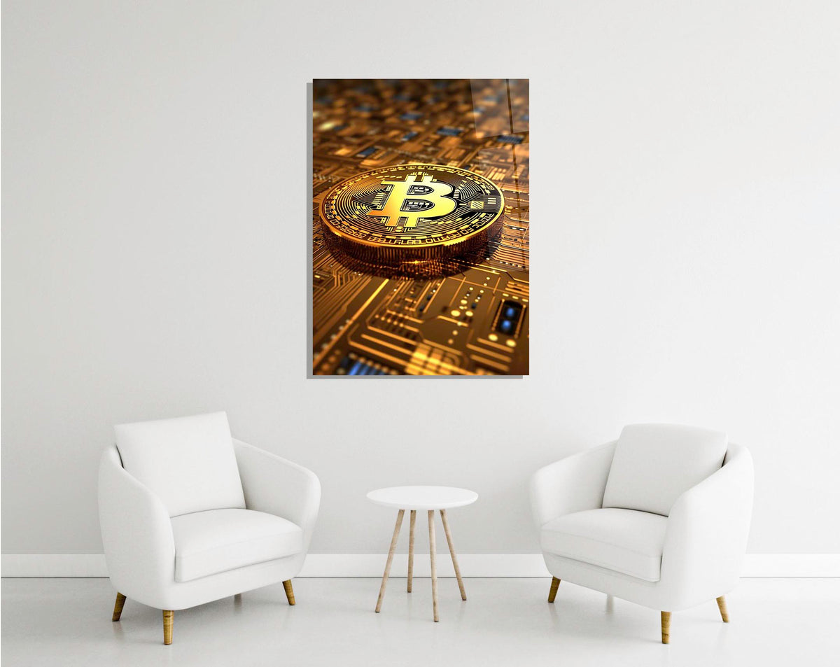 Golden Bitcoin Circuit Board Glass Wall Art in a modern interior