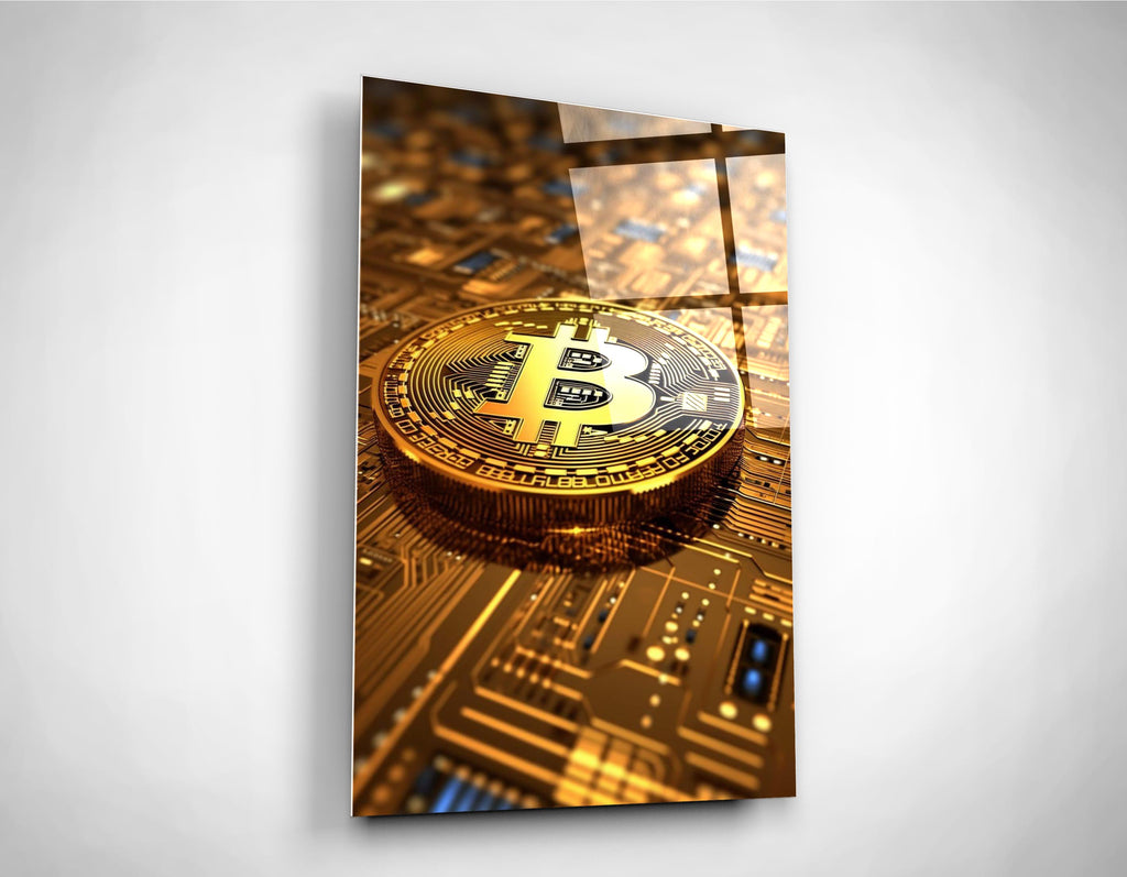 Golden Bitcoin Circuit Board Glass Wall Art on the wall