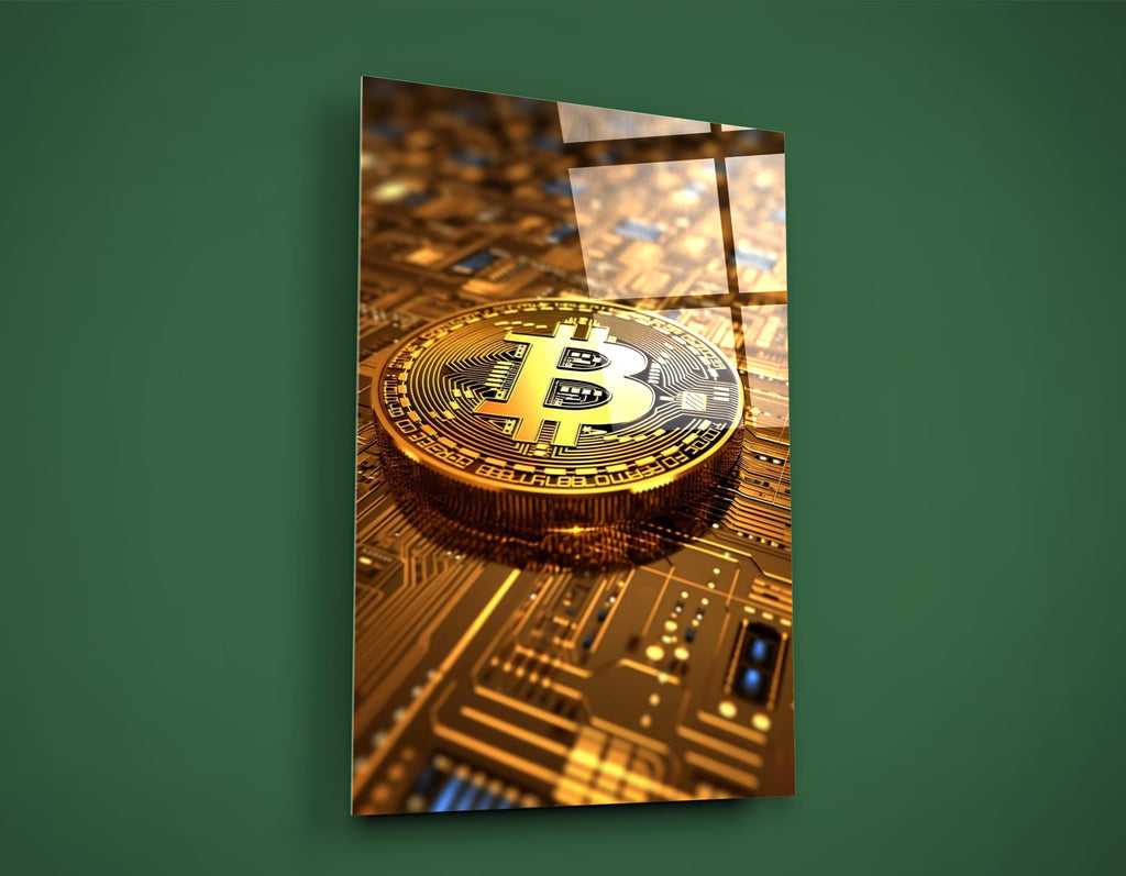 Golden Bitcoin Circuit Board Glass Wall Art close-up