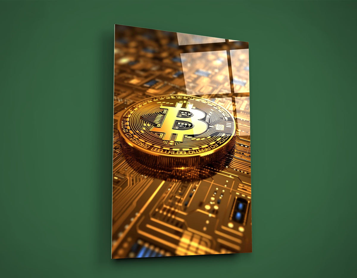 Golden Bitcoin Circuit Board Glass Wall Art close-up