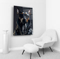 Cool Doberman in Sunglasses and Leather Jacket Glass Wall Art in a living room interior