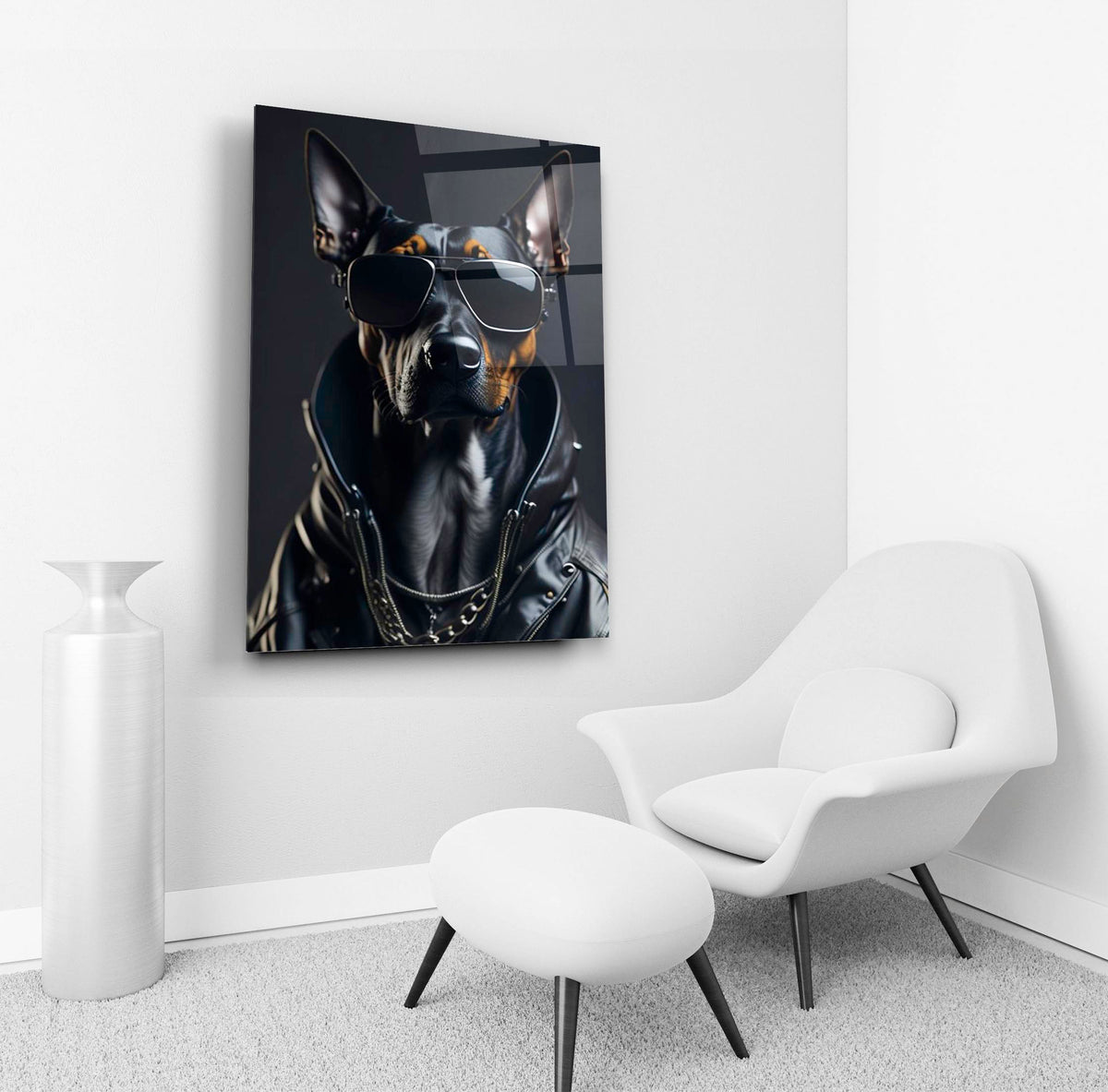 Cool Doberman in Sunglasses and Leather Jacket Glass Wall Art in a living room interior