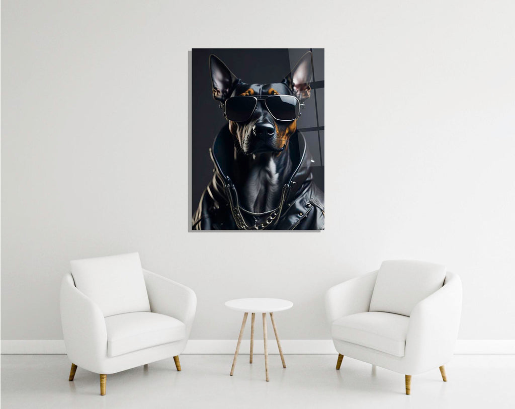 Cool Doberman in Sunglasses and Leather Jacket Glass Wall Art in a modern interior
