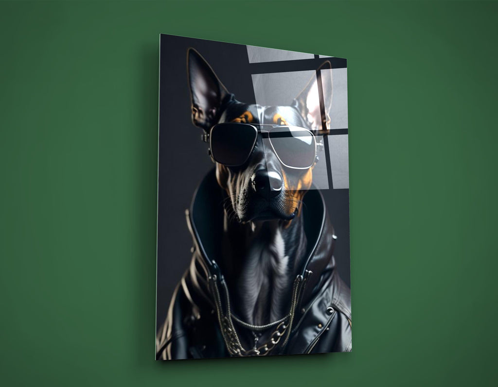 Cool Doberman in Sunglasses and Leather Jacket Glass Wall Art on the wall