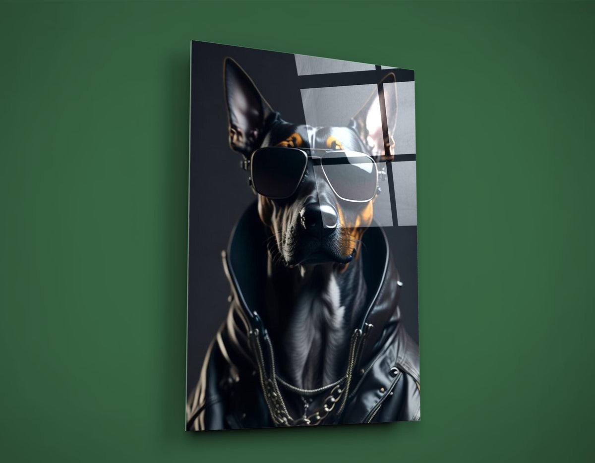 Cool Doberman in Sunglasses and Leather Jacket Glass Wall Art on the wall