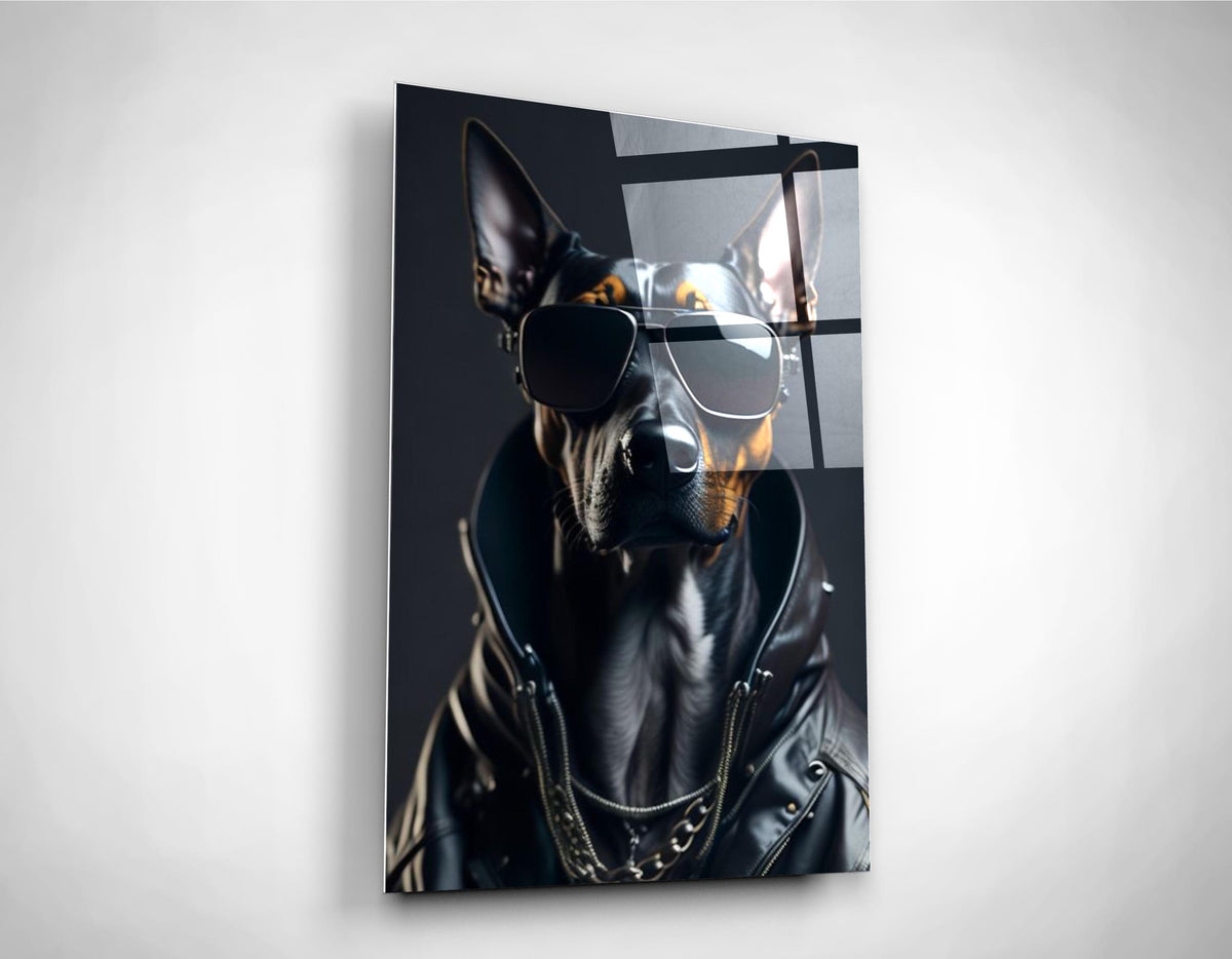 Cool Doberman in Sunglasses and Leather Jacket Glass Wall Art close-up