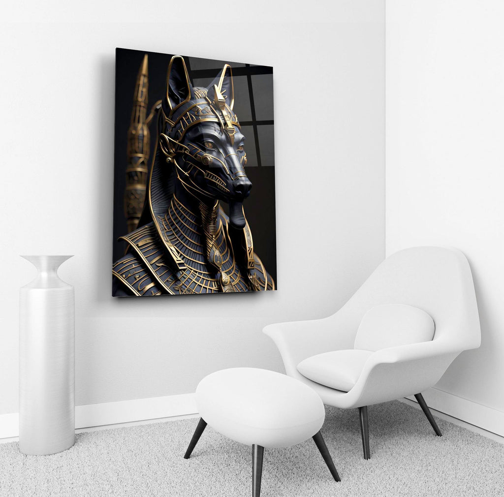 Anubis Egyptian God Black and Gold Glass Wall Art in a living room interior