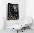 Anubis Egyptian God Black and Gold Glass Wall Art in a living room interior
