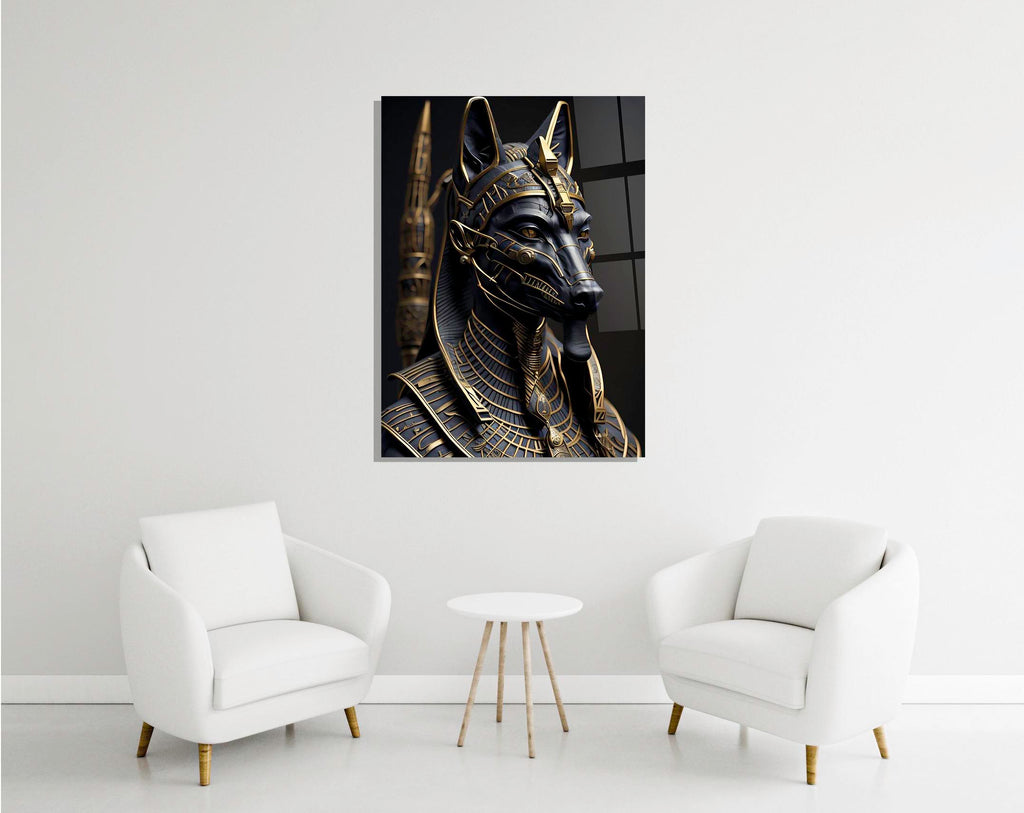 Anubis Egyptian God Black and Gold Glass Wall Art in a modern interior
