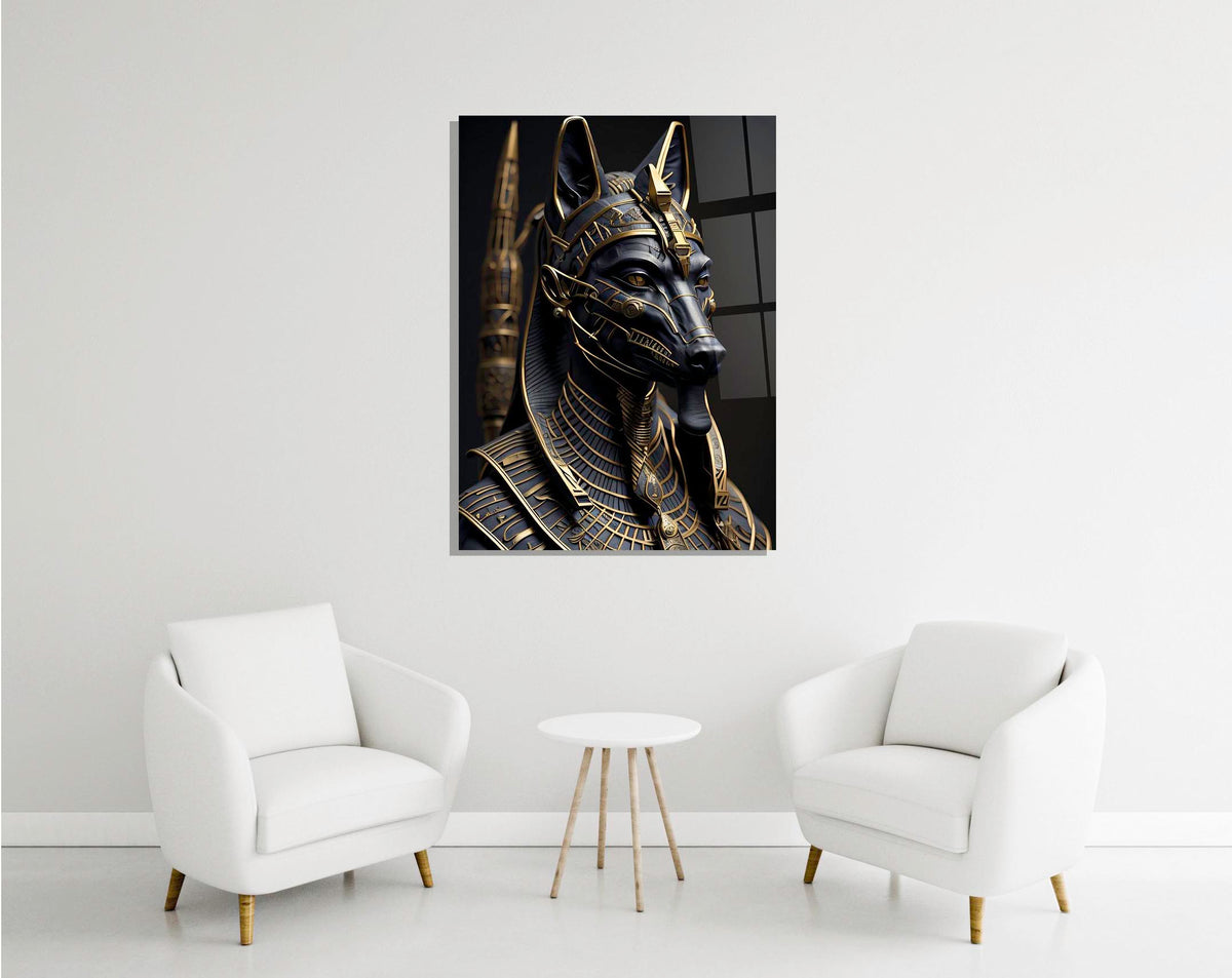 Anubis Egyptian God Black and Gold Glass Wall Art in a modern interior