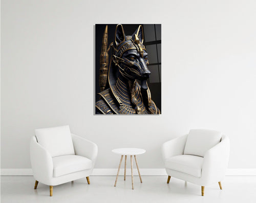 Anubis Egyptian God Black and Gold Glass Wall Art in a modern interior