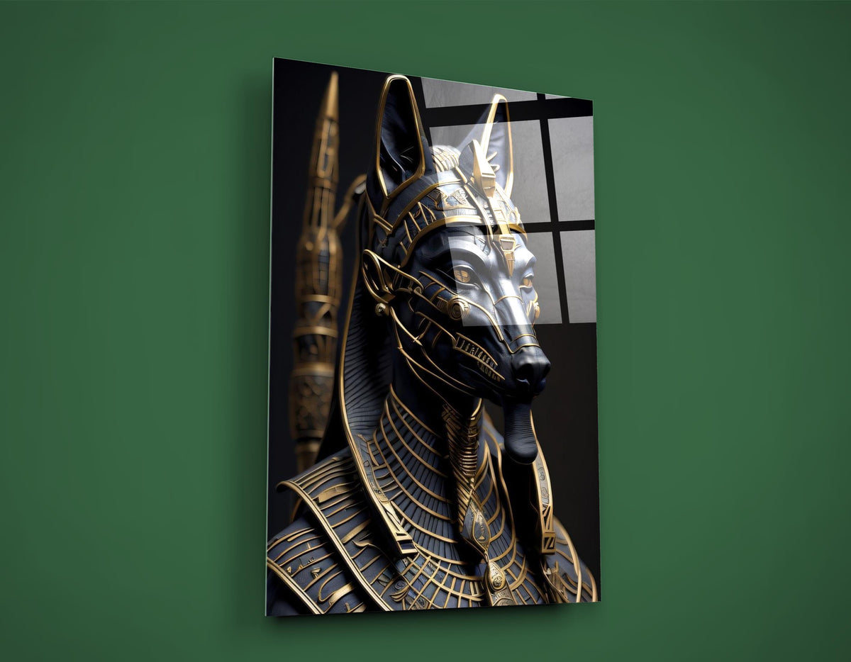Anubis Egyptian God Black and Gold Glass Wall Art on the wall