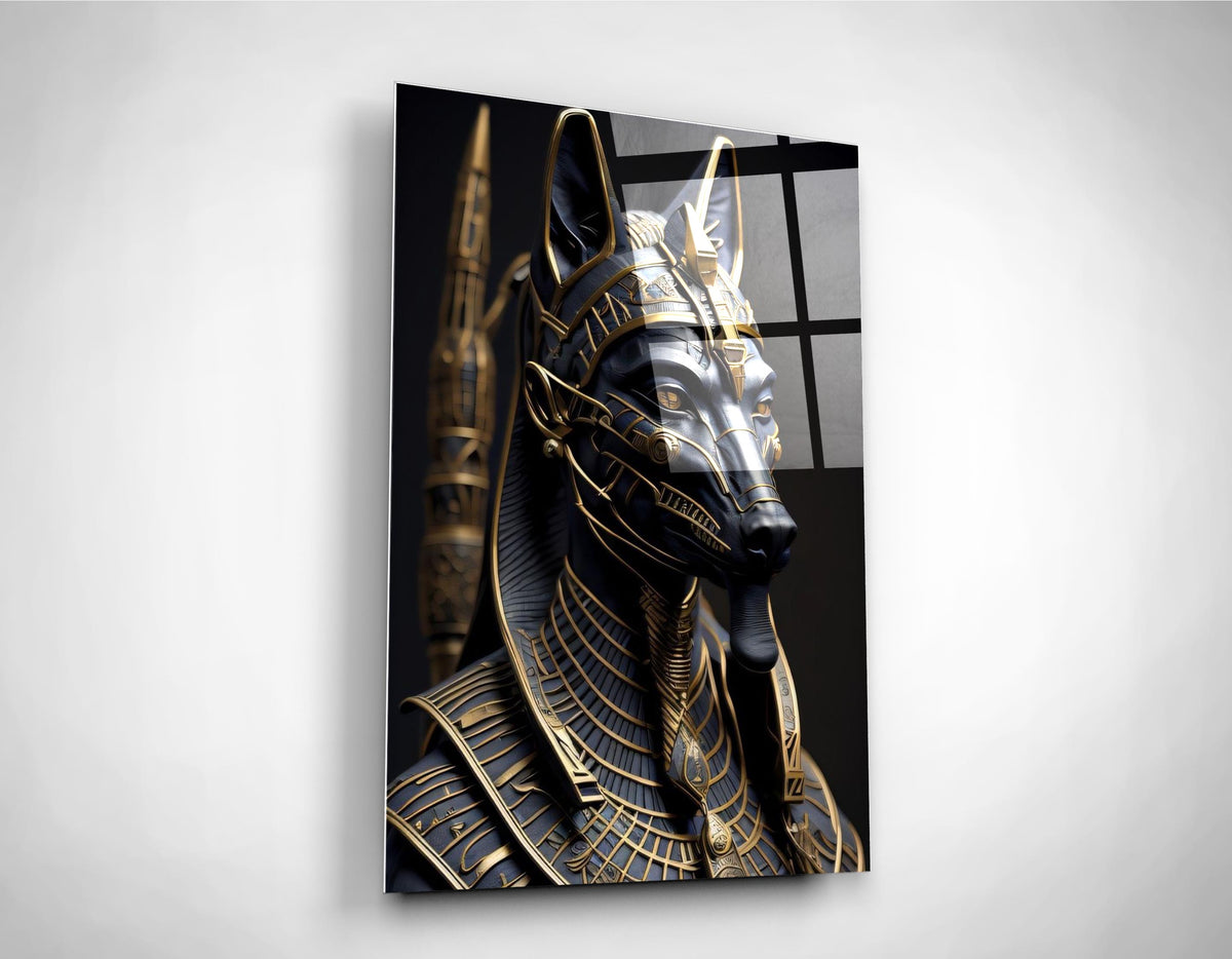 Anubis Egyptian God Black and Gold Glass Wall Art close-up
