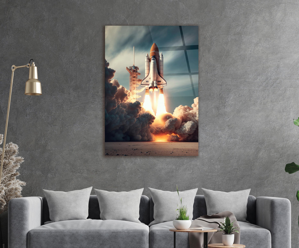 Space Shuttle Launch Glass Wall Art in a living room interior