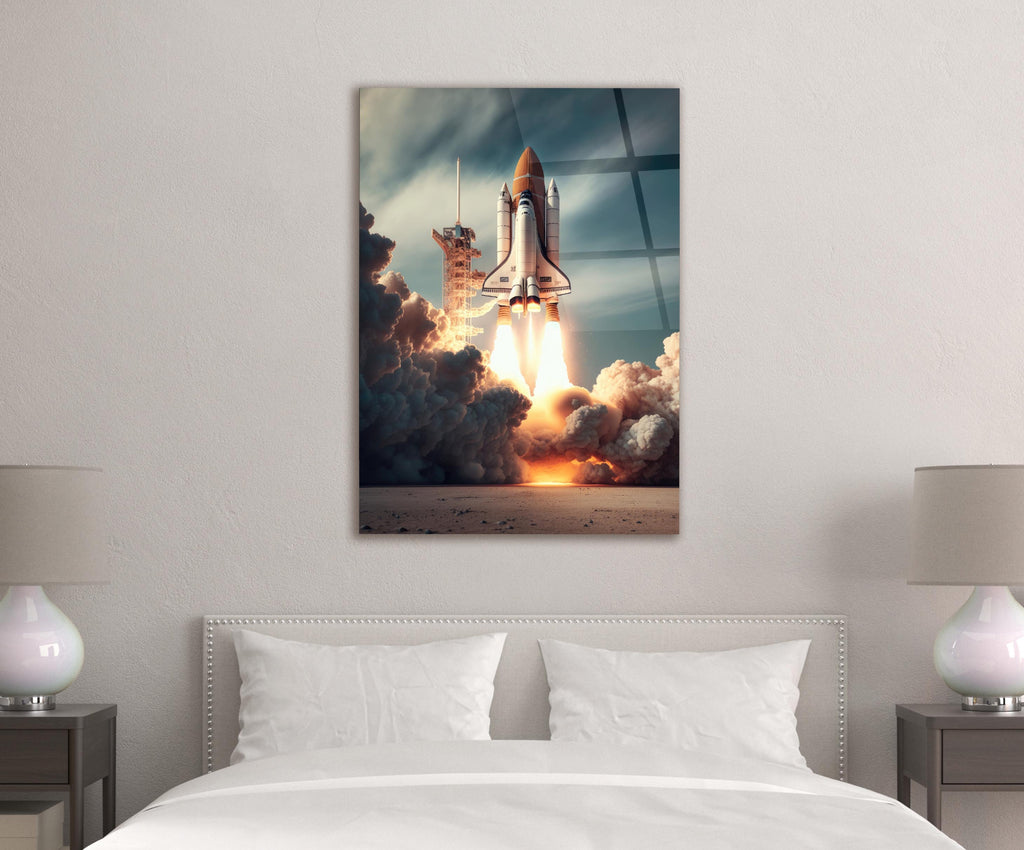 Space Shuttle Launch Glass Wall Art in a modern interior