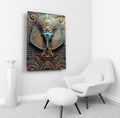 Egyptian Pharaoh Bronze and Turquoise Relief Glass Wall Art in a living room interior