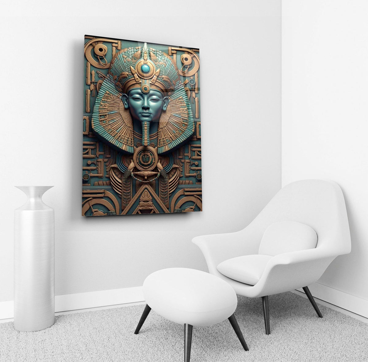 Egyptian Pharaoh Bronze and Turquoise Relief Glass Wall Art in a living room interior