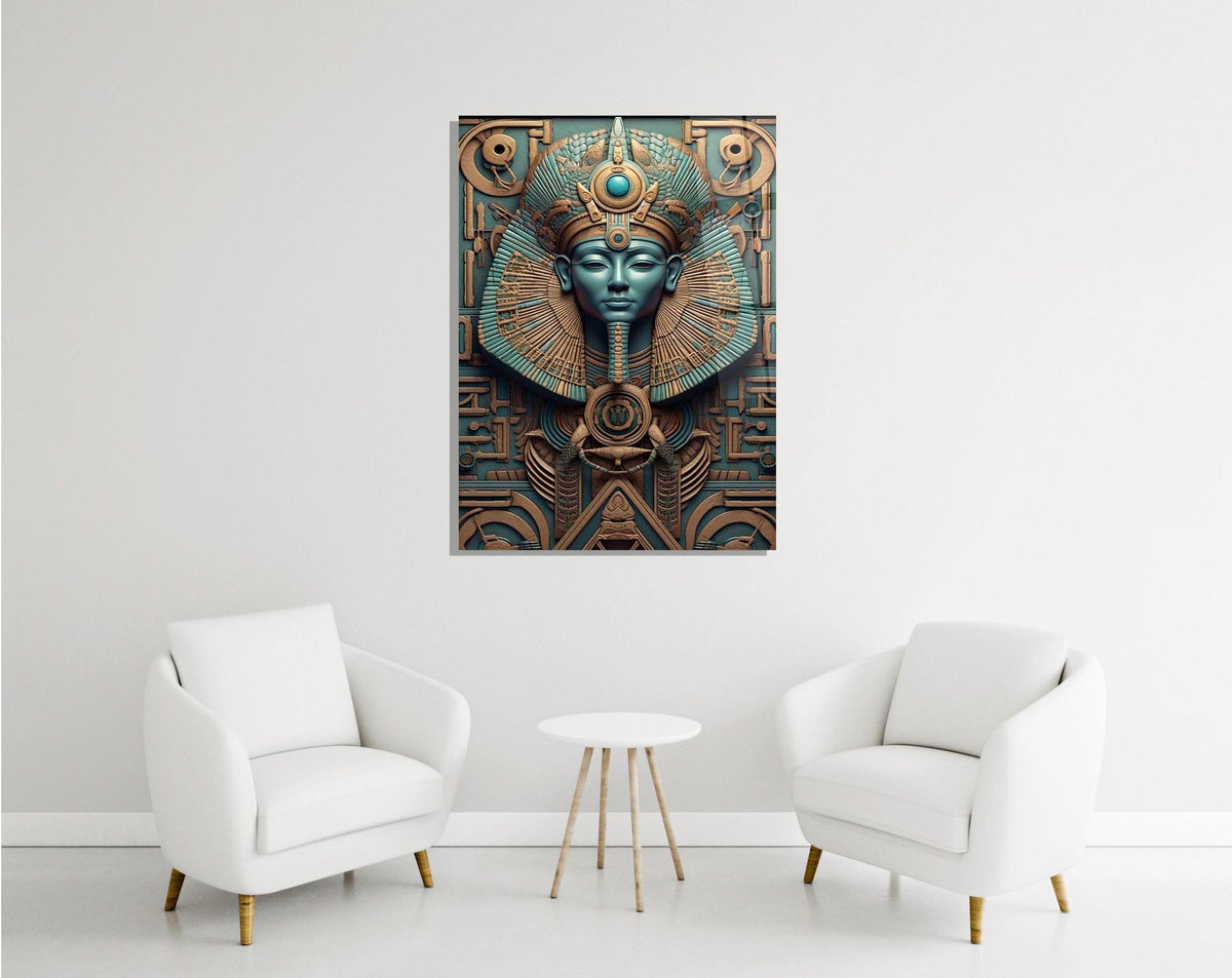 Egyptian Pharaoh Bronze and Turquoise Relief Glass Wall Art in a modern interior