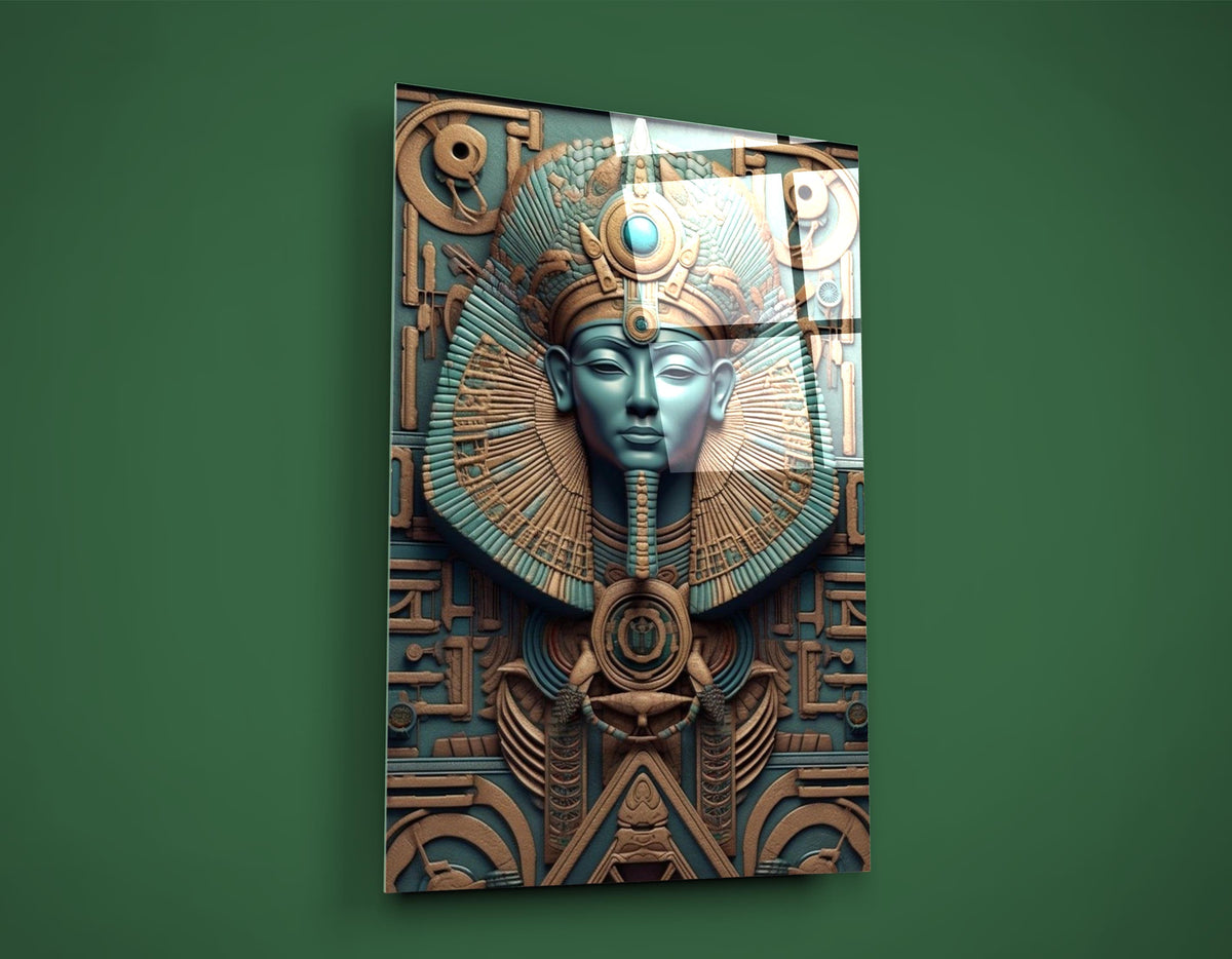 Egyptian Pharaoh Bronze and Turquoise Relief Glass Wall Art on the wall