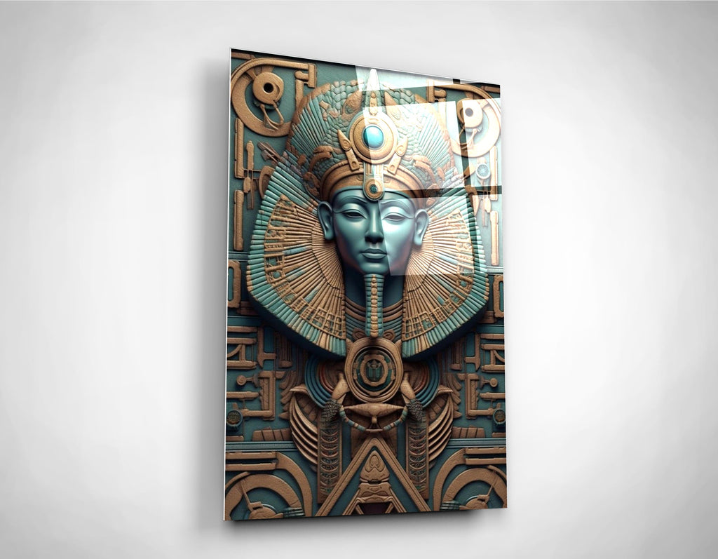 Egyptian Pharaoh Bronze and Turquoise Relief Glass Wall Art close-up