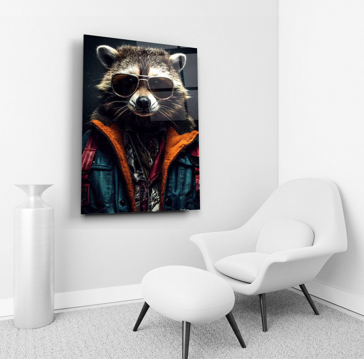 Cool Raccoon in Sunglasses Glass Wall Art in a living room interior