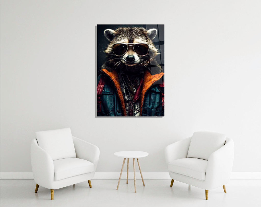 Cool Raccoon in Sunglasses Glass Wall Art in a modern interior