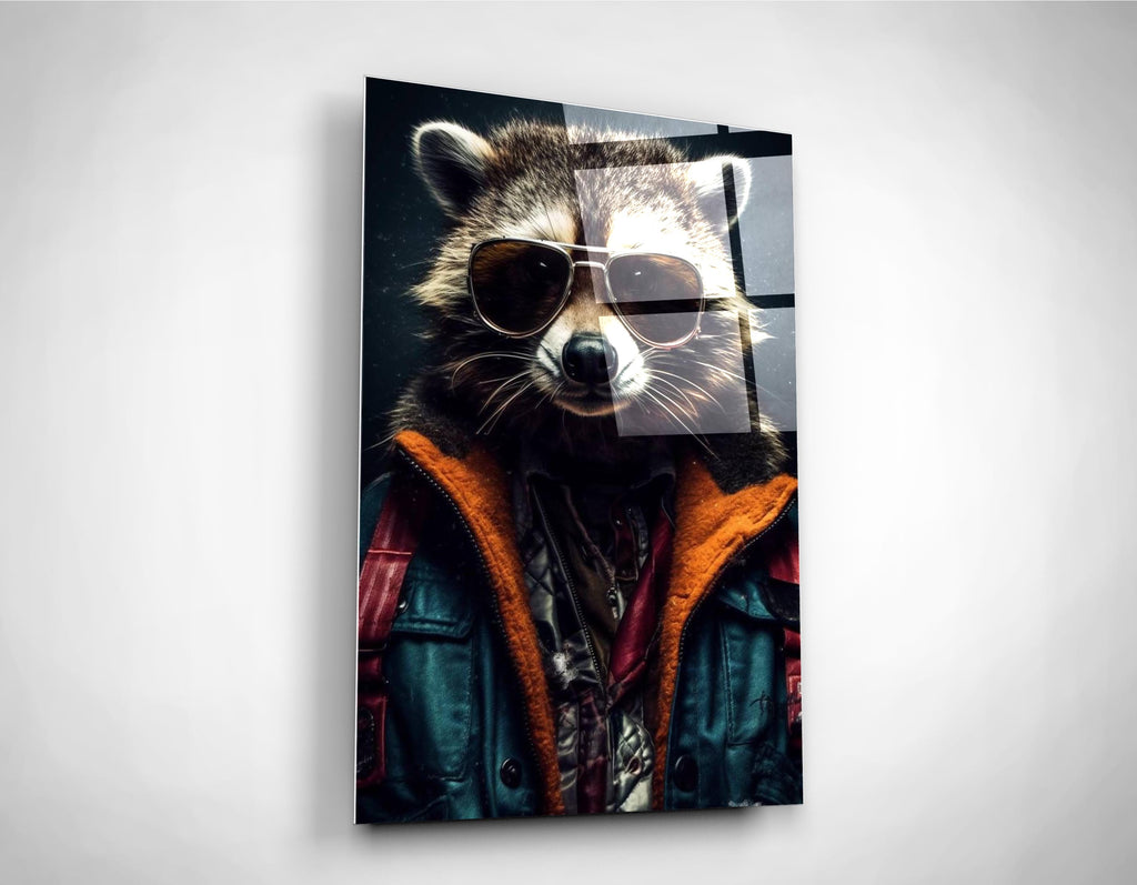 Cool Raccoon in Sunglasses Glass Wall Art on the wall