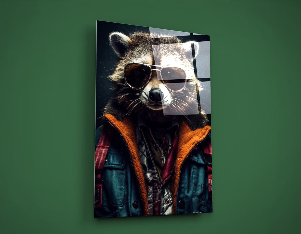 Cool Raccoon in Sunglasses Glass Wall Art close-up