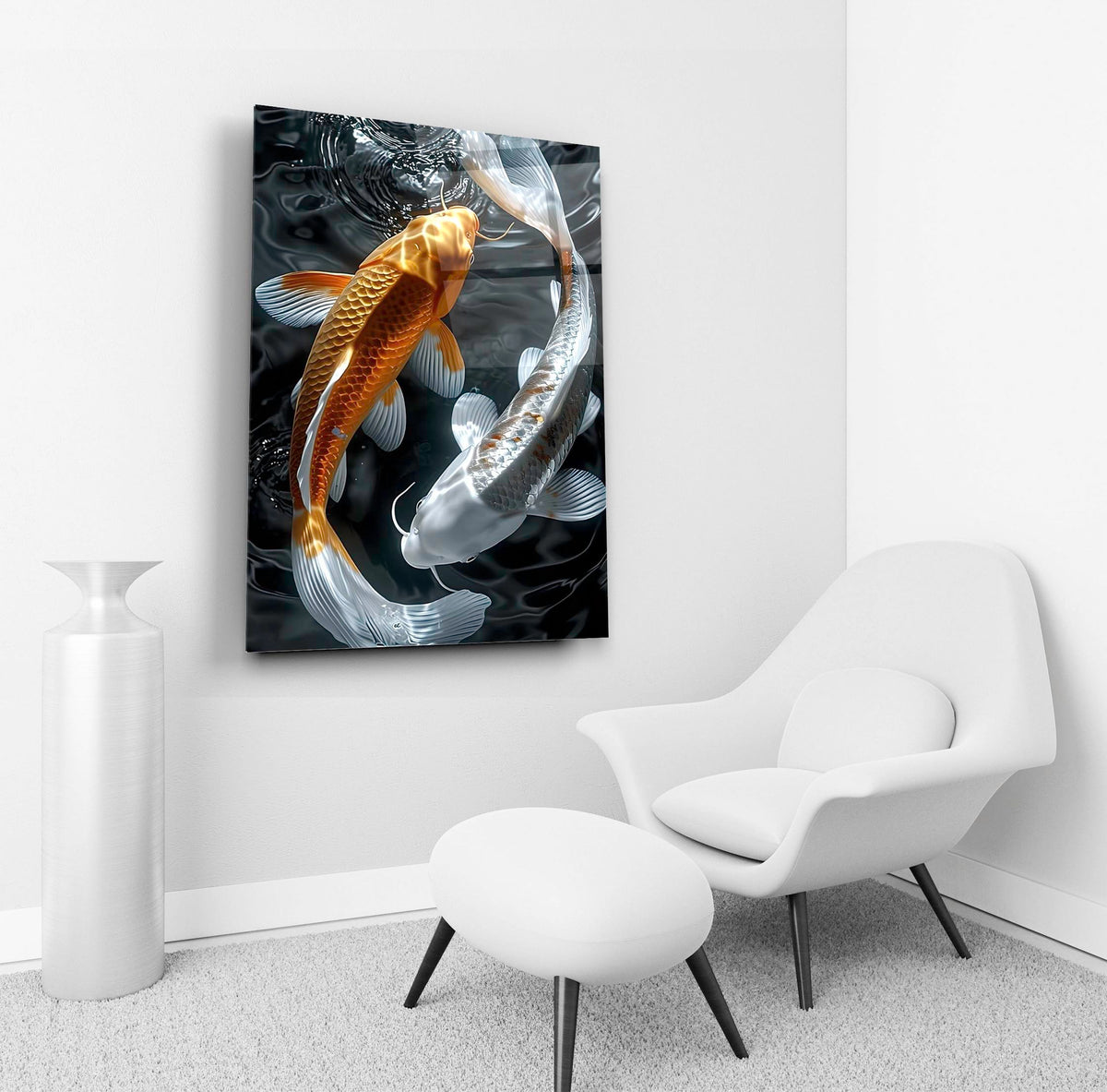 Orange and White Koi Fish Glass Wall Art in a living room interior
