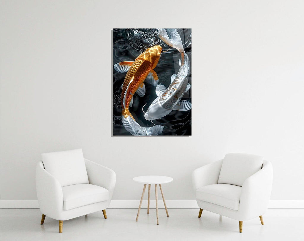 Orange and White Koi Fish Glass Wall Art in a modern interior