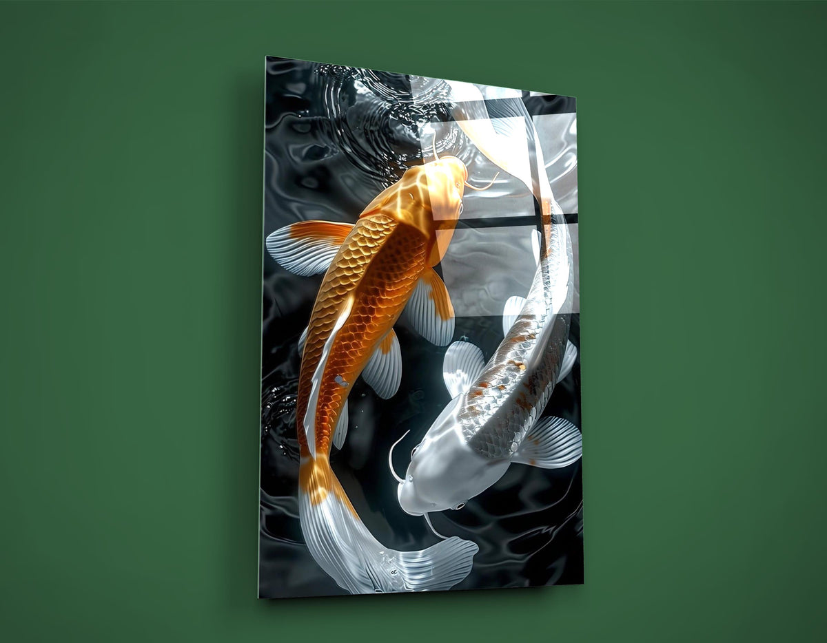 Orange and White Koi Fish Glass Wall Art on the wall