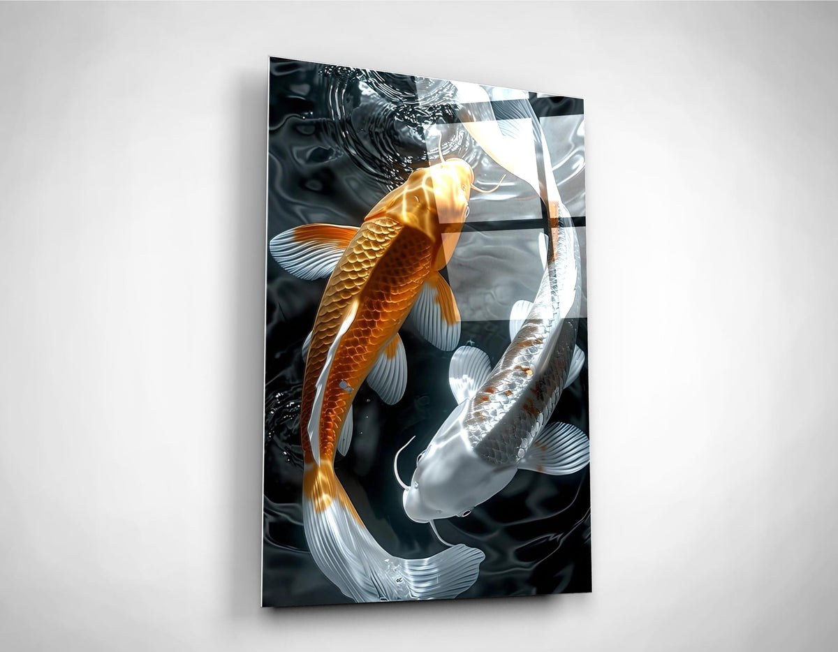 Orange and White Koi Fish Glass Wall Art close-up