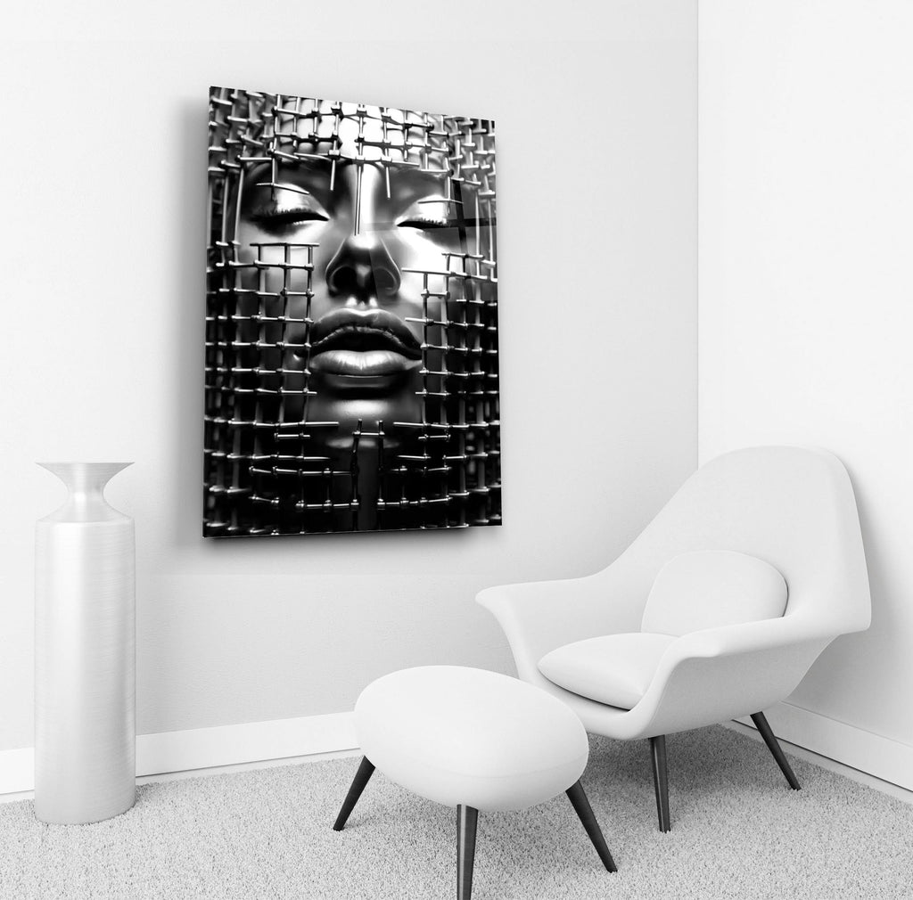 Silver Face Behind a Metal Grid Glass Wall Art in a living room interior