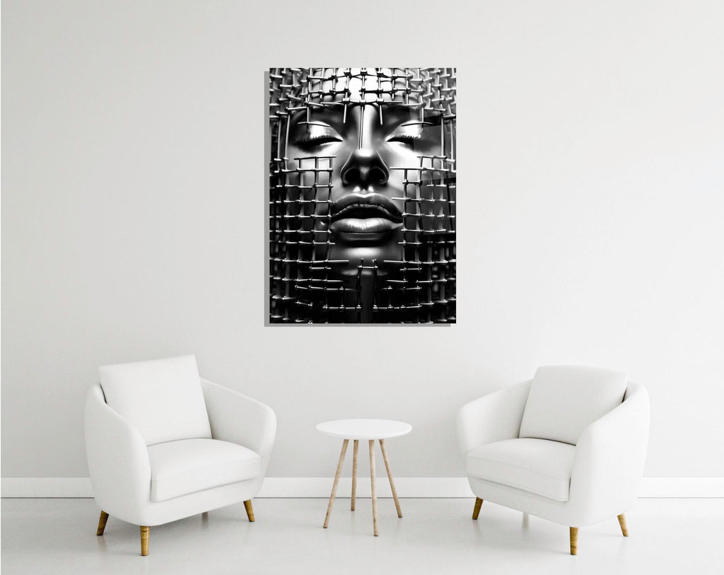 Silver Face Behind a Metal Grid Glass Wall Art in a modern interior