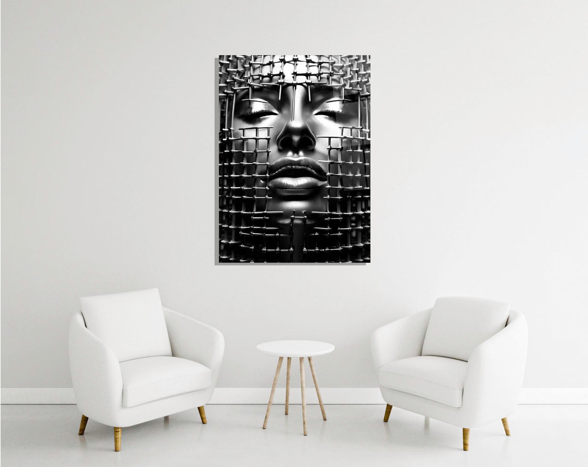 Silver Face Behind a Metal Grid Glass Wall Art in a modern interior