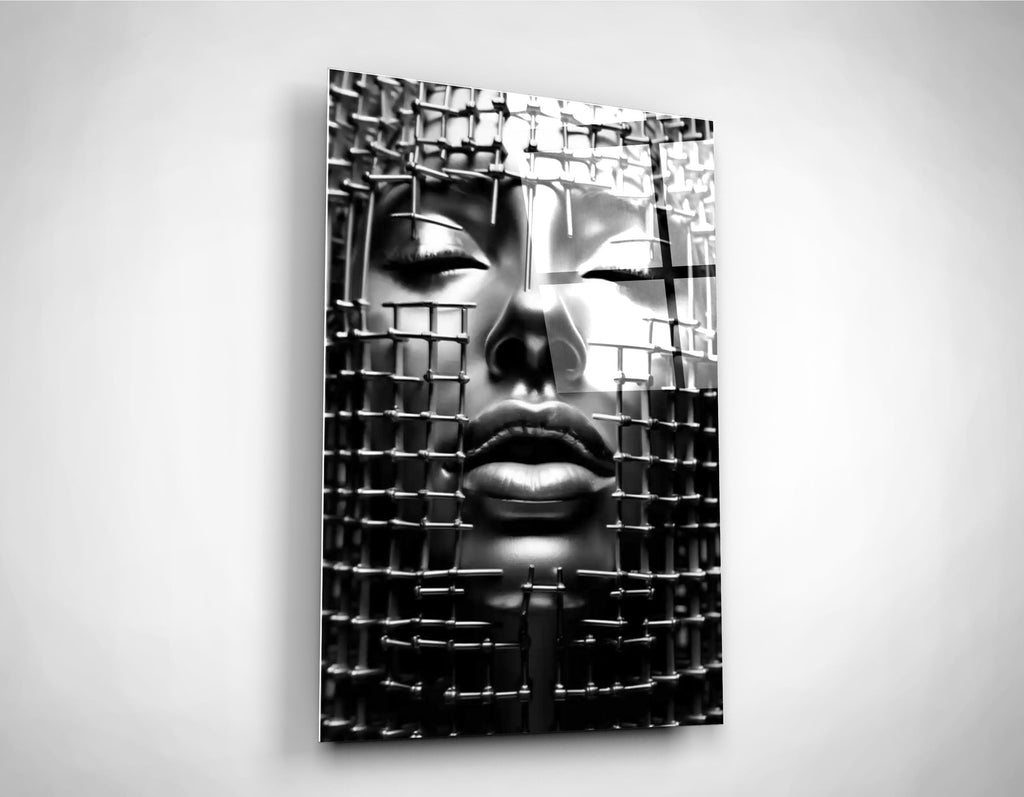 Silver Face Behind a Metal Grid Glass Wall Art on the wall