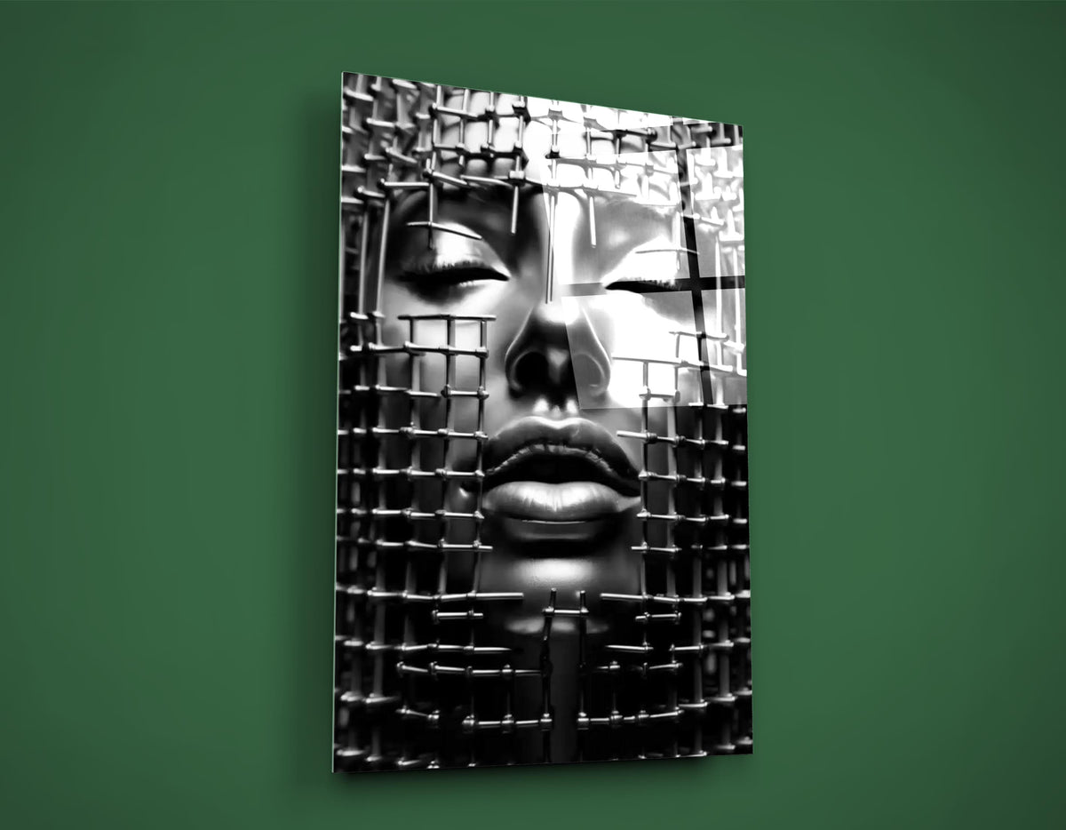 Silver Face Behind a Metal Grid Glass Wall Art close-up